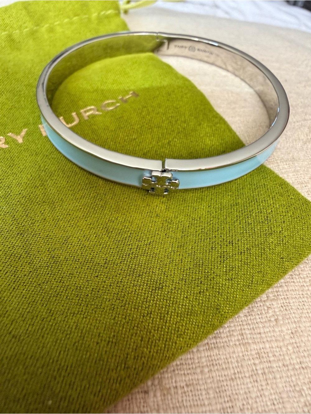 Tory Burch Pale Blue Enamel Logo Hinge Bangle Bracelet